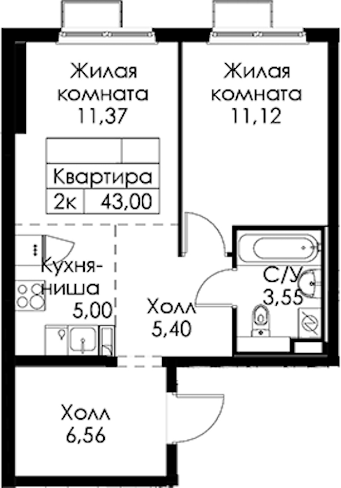 1-комнатная квартира 43 м², 15/15 эт., ЖК «Янинский лес»
